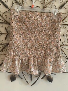 Almost Famous Pink Beige Floral Smocked Ruffle Mini Skirt